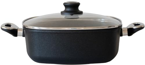 BAF Bräter Induktion mit Glasdeckel 28x28 cm - eckige Aluguss Braten- und Schmorpfanne mit Antihaftbeschichtung, 10 cm hoher Rand - für alle Herdarten geeignet - Made in Germany