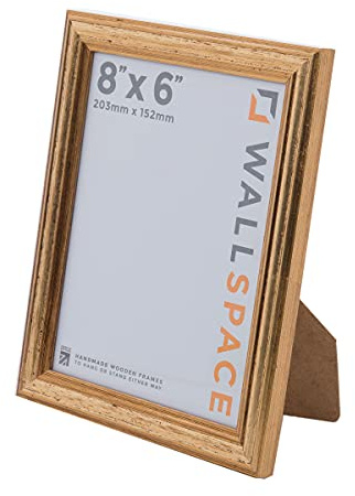 Wall Space 8x6 Gold Picture Frame | Gold 6x8 Photo Frame | 8 x 6 inch | 203x152mm | 20.3x15.2cm | Solid Wood Wooden with Real Glass | Handmade in UK