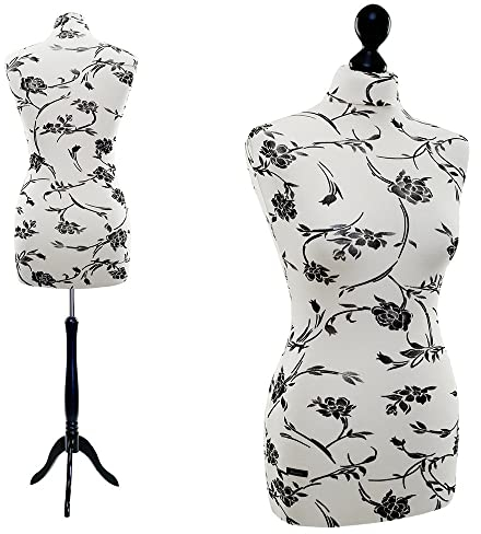 LUCCESI | Schneiderpuppe | zum Probierpreis! | Größen S - XL (Female ♀) | Torso Size: L (Large/40-42) | Wechselbezug Creme-Weiss/florales Muster (schwarz) | Standfuss schwarz | Schaufensterpuppe