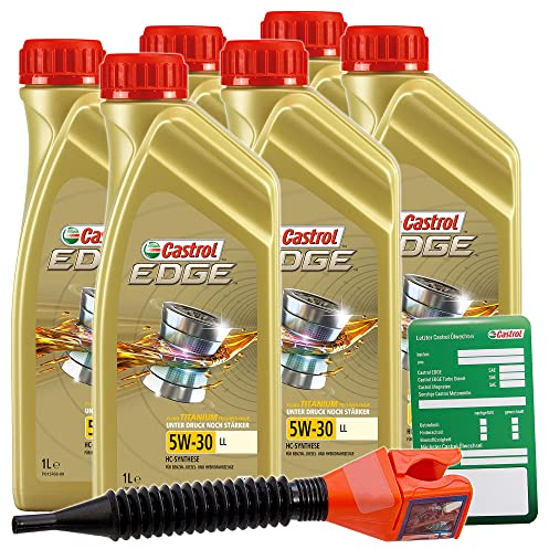 6x 1 L Liter Castrol Edge Fluid Titanium 5W-30 LL Motoröl inkl. Castrol Ölwechselanhänger und Einfülltrichter