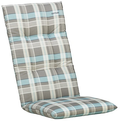 Kettler Sesselauflage für Hochlehner – komfortable Stuhlauflage mit Kreisheftung und Karomuster – 120 cm hohe Polsterauflage aus Baumwolle – türkis & grau