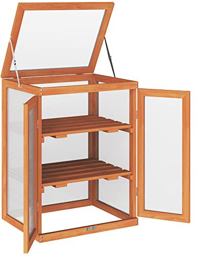 Outsunny 3-tier Wood Greenhouse Garden Polycarbonate Cold Frame Balcony Grow House w/ Storage Shelf for Plants, Flowers, Orange