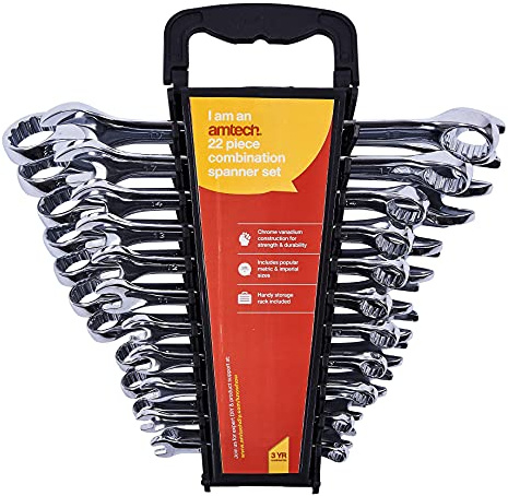 Amtech 22 pc Combination Metric & Imperial Spanner Set, Drop Forged Chrome Vanadium Steel with Mirror Finish & Storage Rack for DIY & Trade Use