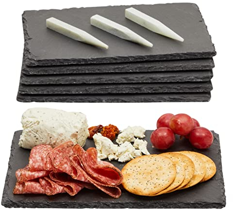Mini Vassoi per Formaggi in Ardesia (Set da 6 Pezzi) - Taglieri di Salumi, Formaggi e Carne Vassoi per Uso Domestico, Ristorante e Bar (3 Gessetti Inclusi) - 15,2 x 0,25 x 22,2 cm
