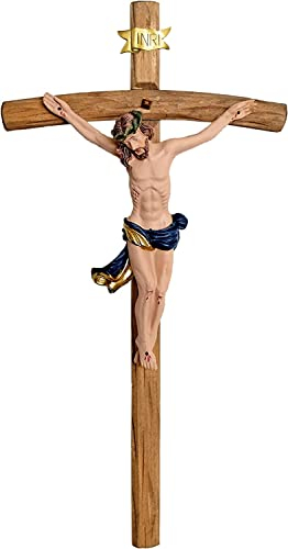 Kaltner Präsente Geschenkidee – Holzkreuz Wandkreuz Kruzifix aus Echtholz Buche Kreuz unbehandelt mit Jesus Christus Figur aus Kunststein handbemalt (Höhe 35 cm)