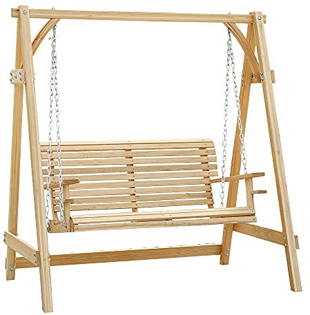 Outsunny 2 Seater Garden Swing Seat, Wooden Swing Chair Bench with Cup Holders for Outdoor Porch Patio, Natural