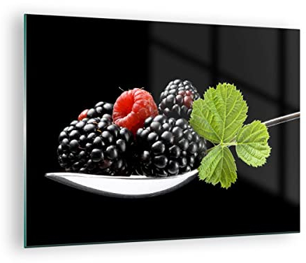 ARTTOR Vidrios decorativos Cuchara frambuesa zarzamora fruta Cuadro Sobre Vidrio Moderno 70x50cm Decoracion Salon Cocina Cuadros Pared Impresiones Impresión en Cristal Wall Art Prints GAA70x50-2202