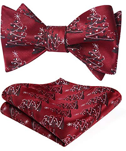 HISDERN Weihnachten Herren Fliege mit Einstecktuch Set zum Selbstbinden Verstellbar Fliegen Rot und Taschentuch Geschenk für Christmas