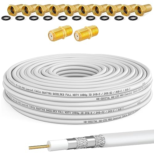 HQ-135 PRO Câble satellite coaxial 130 dB 25 m quadruple blindage pour installations DVB-S / S2 DVB-C et DVB-T BK + 10 fiches F plaquées or et 2 connecteurs F