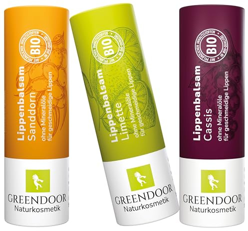 GREENDOOR Lippenpflege-Set FRUCHT, Sanddorn, Cassis, Limette - 3 fruchtig pflegende Lippenbalsam plastikfrei, natürliche Lippen-Pflegestifte, Sparpreis, mit Bio Jojobaöl, Naturkosmetik Lip-Balm