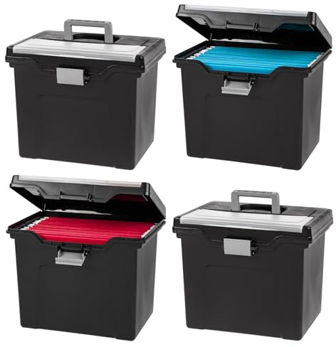 IRIS USA File Box with Lid File Organizer for Letter File w/Organizer-Lid, Water Resistant Document Box, Plastic Mobile Filing Organizer, Secure Buckle, Portable Handle, Lockable, Black 4 Pack