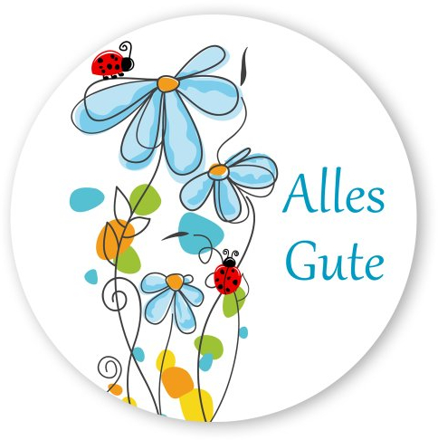 Geschenk-Aufkleber Alles Gute mit Blüten rund Ø 30 mm, 100 Stück auf Rolle, selbstklebende PE-Folie