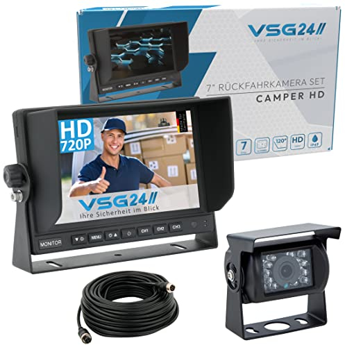 VSG24 Rückfahrkamera 7 HD Starter-Set inkl. Kamera, Monitor, Kabel - Wasserdicht Nachtsicht 12V-24V Einfache Montage/Robustes Rückfahrsystem für Auto Wohnwagen LKW Anhänger Wohnmobile Einparkhilfe