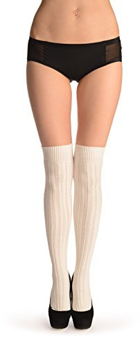 LissKiss White Cotton Plaits & Stripes With Elasticated Top - Weiß Halterlose Strümpfe Einheitsgroesse (34-42)