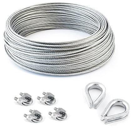 40m DRAHTSEIL SET 4/5mm 6x7 PVC+FC + 4 x SEILKLEMMEN 5mm DIN 741 + 2 x KAUSCHE 5mm verzinkt Stahlseil Forstseil Seil Draht Stahl für Drahtseil Seilöse Seil mit Öse Drahtseilklemmen Drahtseil Drahtseilklemme Klemme Anschlagseil