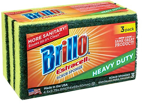 Brillo: Estracell Heavy Duty Scrub Sponge - 3ct - Yellow & Green Dual-Sided, Bacteria Resistant, Clean Tough Kitchen Messes, Dishes-Sink-Countertops