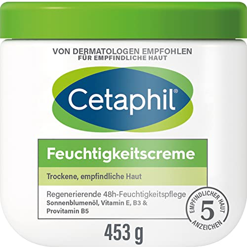 CETAPHIL Feuchtigkeitscreme, 453g, Für trockene, empfindliche Haut, Spendet intensiv 48h Feuchtigkeit und stärkt die Widerstandskraft, Mit Vitamin B3, Provitamin B5, Sonnenblumenöl, Mandelöl, Glycerin