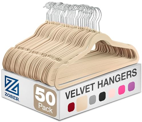 Zober Velvet Hangers 50 Pack - Ivory for Coats, Pants & Dress Clothes - Non Slip w/ 360 Degree Swivel, Holds up to 10 lbs - Strong Felt Hangers for Clothing