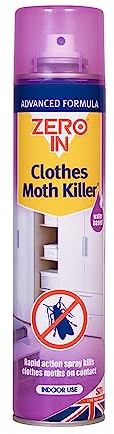 Zero In Clothes Moths Killer Spray- Fast-Acting Insecticide with Prallethrin & 1R Trans Phenothrin - Kills Moths on Contact - For Wardrobes, Textiles & Clothes - Long-Lasting Moth Spray, 300ml Aerosol