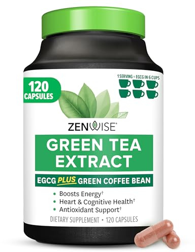 Zenwise Health Green Tea Extract Capsules for Men & Women - EGCG Supplement with Green Coffee Bean Extract Boosts Energy & Memory - Immune Support for Skin, Brain & Hearth Health - Vegan - 120 Count