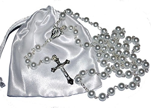 Amelia Mae First Holy Communion Rosary Beads Beautiful 1st Communion Keepsake Present Girls or Boys SetExcellent Quality Five Decade with Silver Crucifix, Chain, Pearl effect beads FREE satin pouch