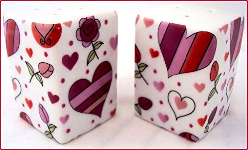 fromeuropewithlove Chic Hearts Salt and Pepper Set Porcelain Square Hearts Cruet Set Shakers Hand Decorated in the UK