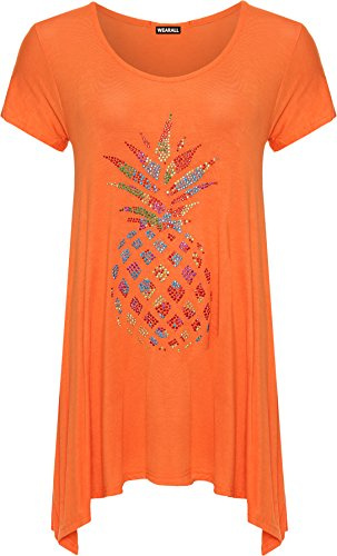WearAll Femmes Plus Diamante Ananas Haut Dames Mouchoir Ourlet Court Manche Évasée Haut - Orange - 54-56