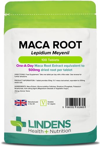 Lindens - Maca Root 500mg, 100 Tablets - 1 a Day - UK Made - Improve Energy and Performance - Popular Botanical Food Supplement - Letterbox Friendly, Vegan