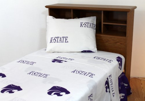 College Covers Everything Comfy Kansas State Wildcats Twin XL Sized 3 Piece Sheet Set, White Color Background, 1 Flat Sheet, 1 Fitted Sheet, 1 Pillowcase