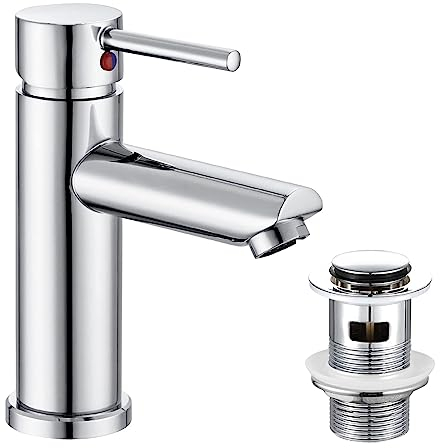 Hapilife Basin Mixer Taps with Pop Up Waste Slotted Bathroom Sink Tap Mixers Washroom Cloakroom Taps Single Lever Chrome Stainless Steel with G1/2 Hoses Round 1 Hole