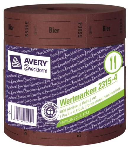 AVERY Zweckform 2315-4 Biermarken auf Rolle, fortlaufend nummeriert, 4 x 1000 Bons rot