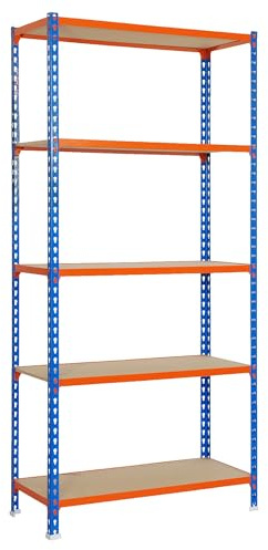 SimonRack Schwerlastregal, Lagerregal, 200x100x50 cm, Metallregal, Kellerregal, Biegestelle 150 kg, 5 Holzfachböden, Blau/Orange/Holz - Maderclick