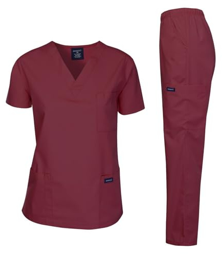Dagacci Unisex Scrubs Set with Blouse and Trousers, Burgundy, L