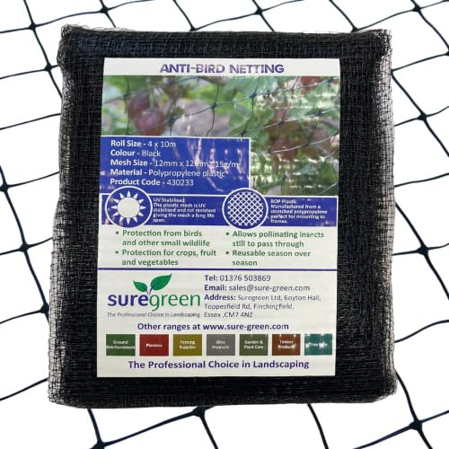 Suregreen Anti-Bird Netting | 2m x 10m | 12mm x 12mm Hole Size | Black | Bird, Pest & Animal Barrier | Extra Strong, Reusable & Durable Garden & Crop Protection