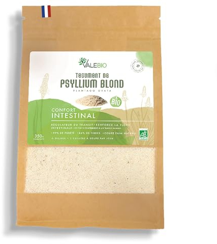 Tegument De Psyllium Blond Bio Poudre | Régulateur naturel du transit intestinal, riche en fibre & coupe-faim | 350g | Valebio