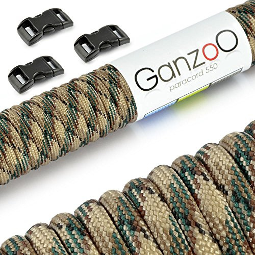 Ganzoo Set Paracord 550 Seil mit 3 x Klickverschluss 3/8“ 10mm Gurt/Schnur 4mm, Nylon - Polyester, Typ 3, 30 Meter, Outdoor-Schnur, Allzweckseil, Armband knüpfen, basteln, Camouflage