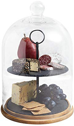 Artesà Alzata da Portata a 2 Livelli/Cupola per Torte, Campana in Vetro Copertura/Conservazione Alimenti con Piatti in Ardesia a Livelli e Base in Legno, 22 x 31cm, Nero/Vetro Trasparente/Legno