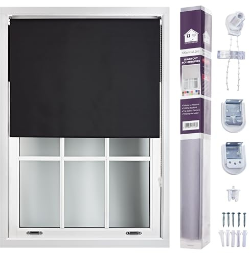 FURNISHED Roller Blinds Window Blackout Blind - 100% Black Out Thermal Fabric Easy Fit Fittings - Custom Made to Measure Blackout Blind Bedroom Bathroom Kitchen, Black, Up to 120W x 165H cm