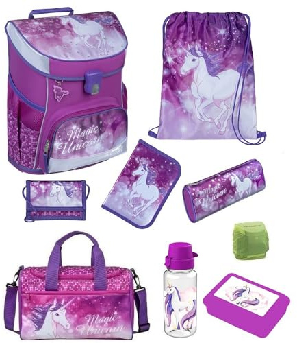 Familando Mädchen Schulranzen 1. Klasse · Scooli Campus Fit Schultasche · ergonomisch & leicht · Kinder Schulranzen Set für Mädchen (9-teilig mit Sporttasche, Magic Unicorn Lila)