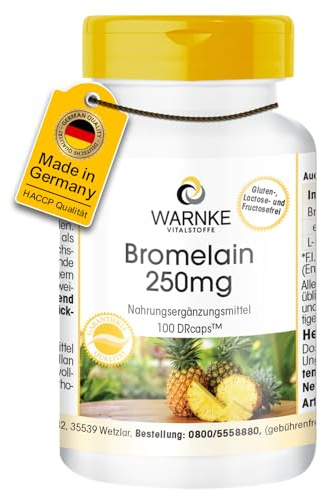 Bromelain Kapseln - 250mg Bromelain pro Kapsel - 100 Kapseln - schluckfreundlich - 600 F.I.P - natürliches Ananasenzym - vegan & hochdosiert | Warnke Vitalstoffe - Deutsche Apothekenqualität