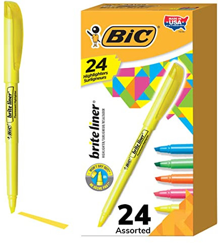 BIC Brite Liner Highlighters, Chisel Tip, 24-Count, Assorted Colors, Ideal Set for Organizing and Coloring, Packaging May Vary, Includes 14-Yellow, 3-Pink, 3-Orange, 2-Green and 2-Blue Highlighters
