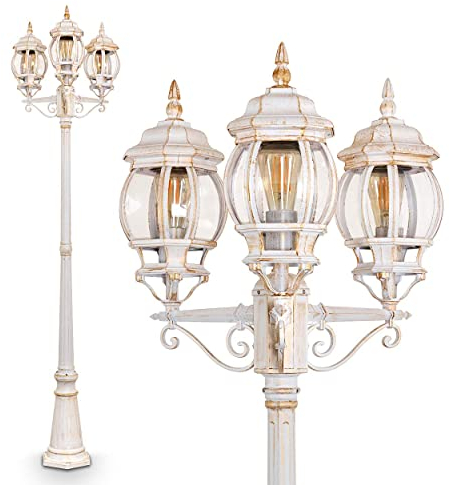 Lampada da esterno Lentua, candelabro in stile antico, metallo in bianco/oro con vetri, lampada da sentiero a 3 bracci 215 cm, lampada da giardino retrò/vintage, attacco E27, IP44, senza lampadina/e