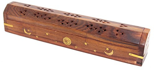 Govinda Wooden Coffin Incense Burner - 12 Sun Moon Star - Brass Inlays - Storage Compartment …