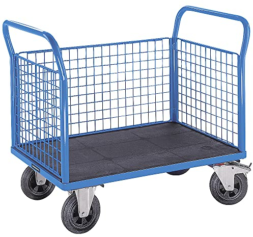 eurokraft | Plattformwagen | 3 hohe Gitterwände | LxB 1250 x 800 mm | Vollgummireifen