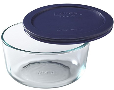 Pyrex 6017398 Simply Store 4-Cup Round Glass Food Storage Dish, Blue Lid