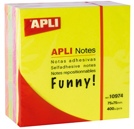 APLI 10974 - Notas adhesivas FUNNY 75 x 75 mm cubo de 400 hojas 4 colores surtidos fluorescente