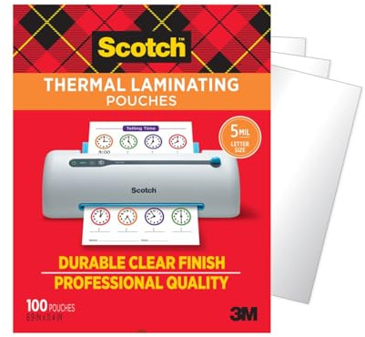 Scotch Thermal Laminating Pouches, 100 Count, Clear, 5 mil, Laminate Business Cards, Small Banners, Essays, Office or School Supplies, Fits Letter Size 8.9x11.4 in Paper