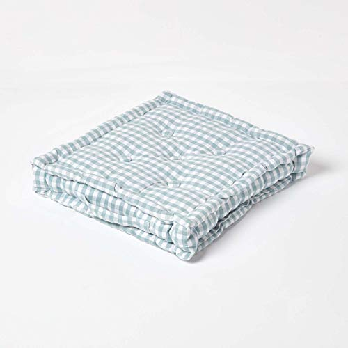HOMESCAPES Blue & White GINGHAM Check Floor Cushion - 100% Cotton - 40 x 40 x 8 cm Square - Indoor - Garden - Dining chair booster Seat Cushion Pad