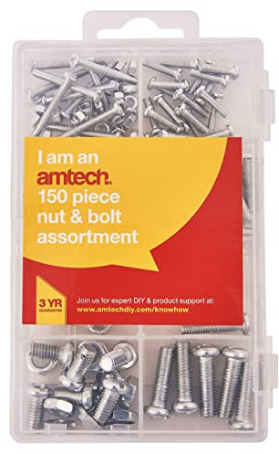 Amtech Nuts and Bolts Set - DIY at Home, Secure Fastening for Wood, Metal, Stubs, and More, Easy to Use, Includes Convenient Storage Box (150 Piece)
