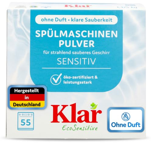 Klar EcoSensitive® Spülmaschinen Pulver SENSITIV, 1,375kg - Ohne Duft | Geschirrspülmittel Pulver - Spülmaschinenpulver für blitzsauberes Geschirr - Geschmacksneutral, biologisch abbaubar & vegan